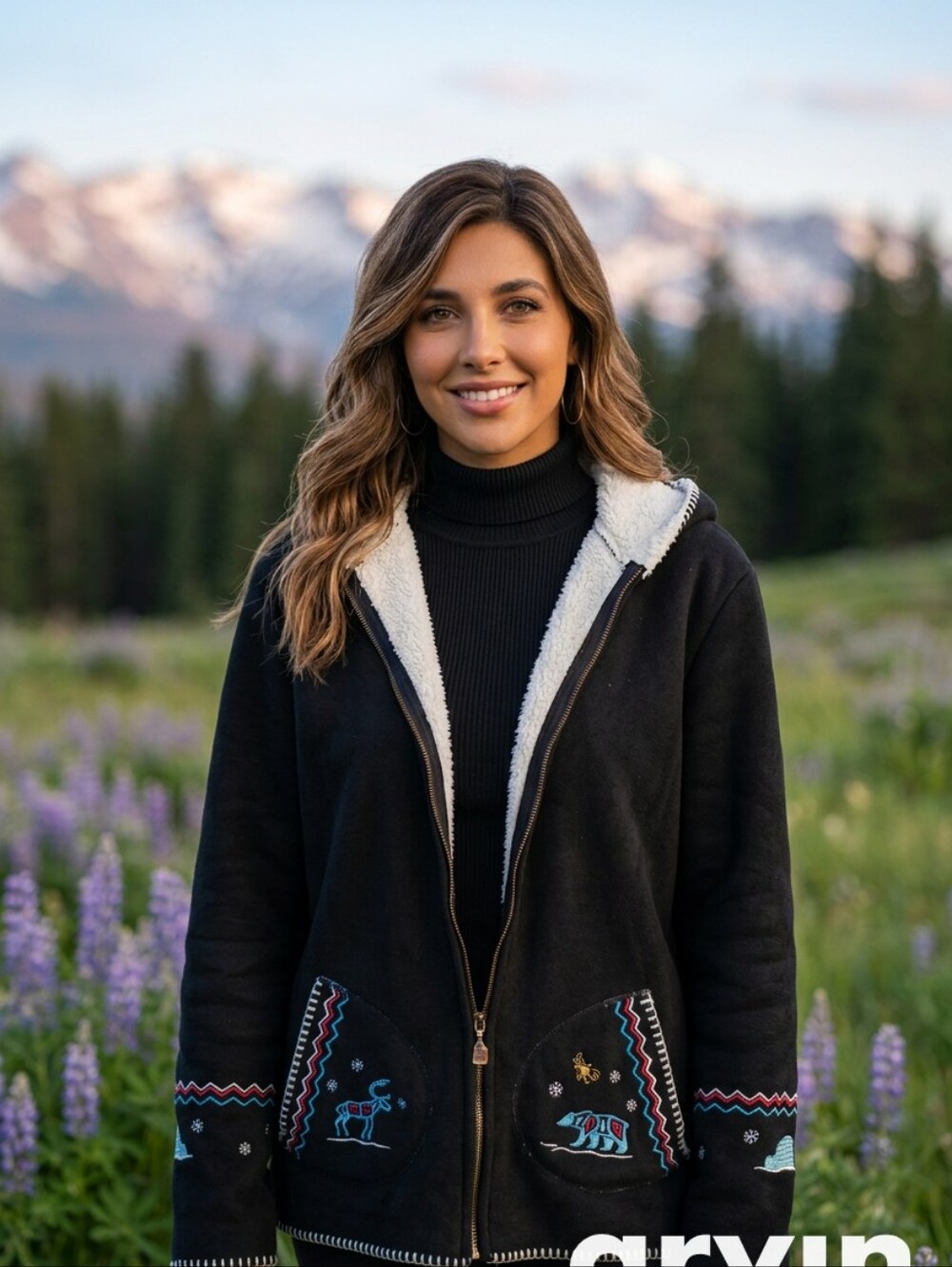 Initial Attraction Black Hooded Embroidered Zip Jacket (Columbia Icefield)